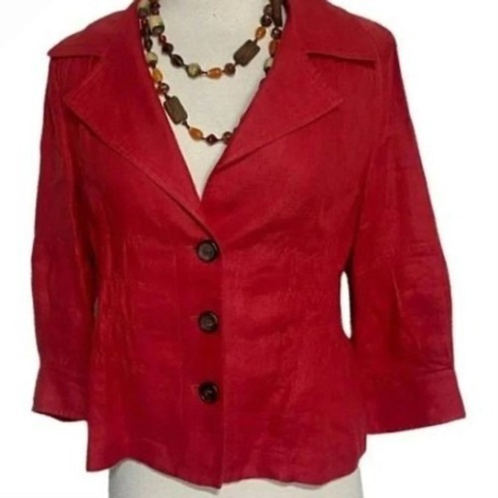 ZARA WOMAN Red Linen Blend Cropped Blazer Jacket 3/4 Sleeve Button Front Size M